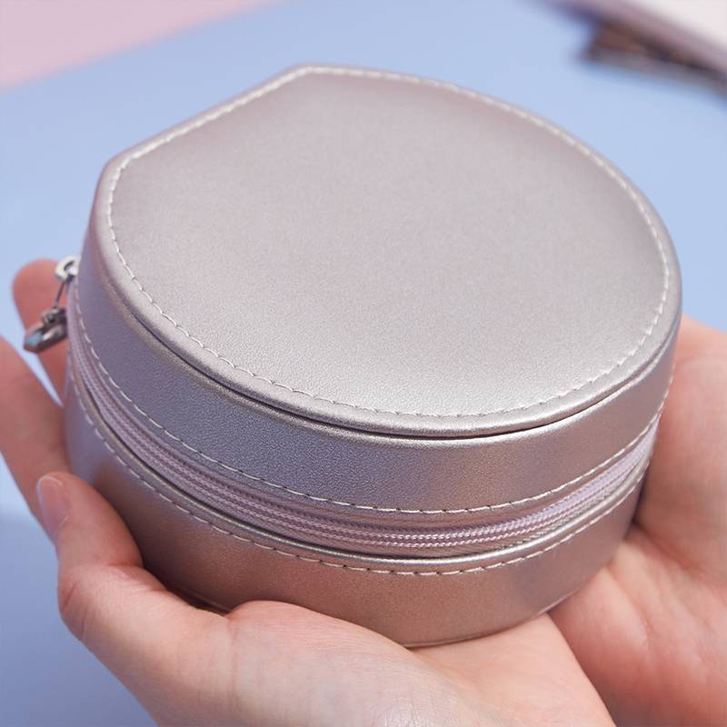 Semicircle Round Fashion Jewelry Sorage Organizer Faux Leather Case With Mirror