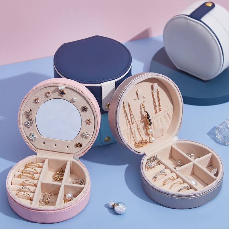 Semicircle Round Fashion Jewelry Sorage Organizer Faux Leather Case With Mirror