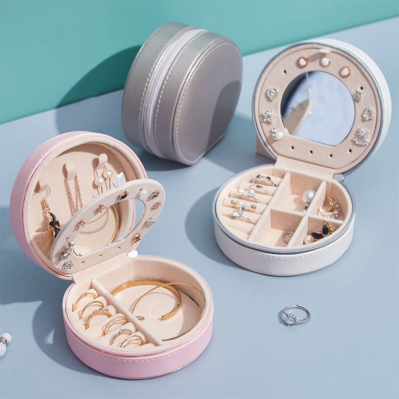 Semicircle Round Fashion Jewelry Sorage Organizer Faux Leather Case With Mirror