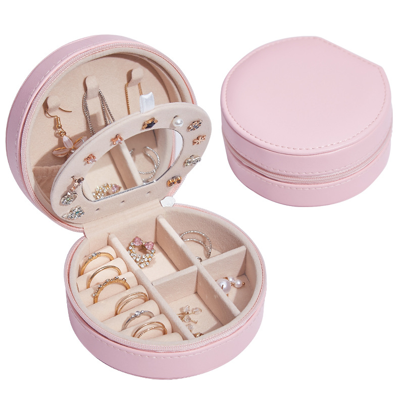 Semicircle Round Fashion Jewelry Sorage Organizer Faux Leather Case With Mirror
