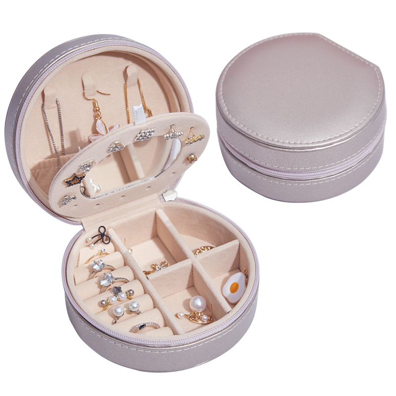 Semicircle Round Fashion Jewelry Sorage Organizer Faux Leather Case With Mirror