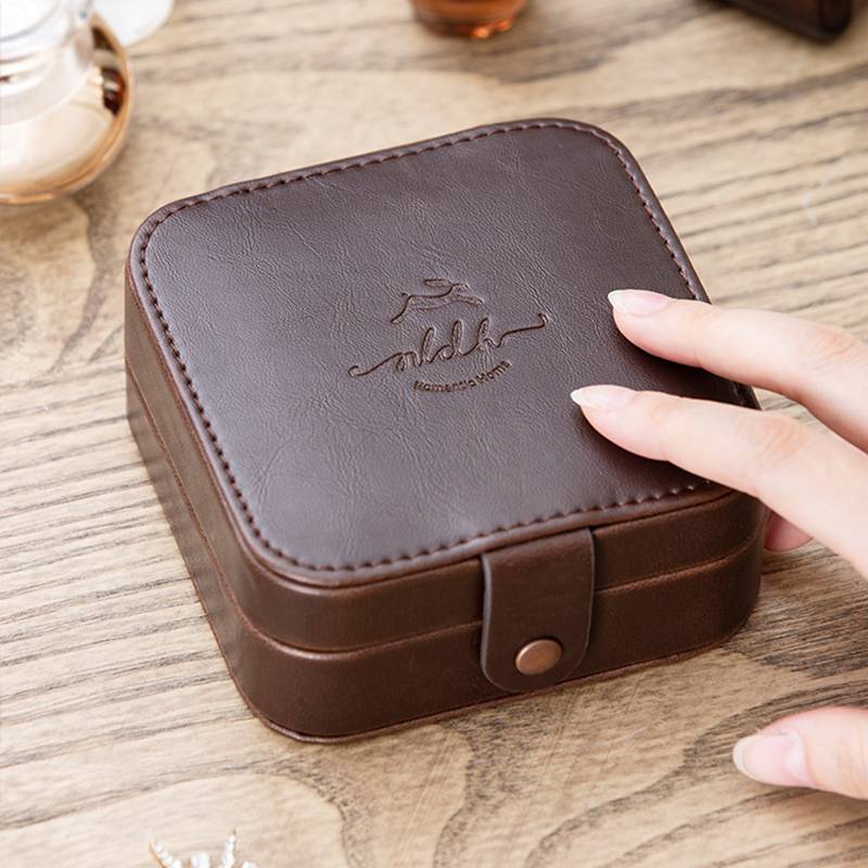 custom travel portable lady brown pu leather jewelry earring necklace box