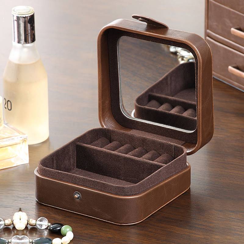custom travel portable lady brown pu leather jewelry earring necklace box