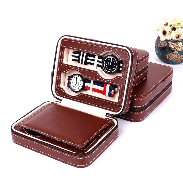 High-end 4 Slots Zipper Pu Leather Protable Watch Strap Bands Storage box