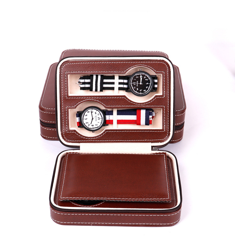High-end 4 Slots Zipper Pu Leather Protable Watch Strap Bands Storage box