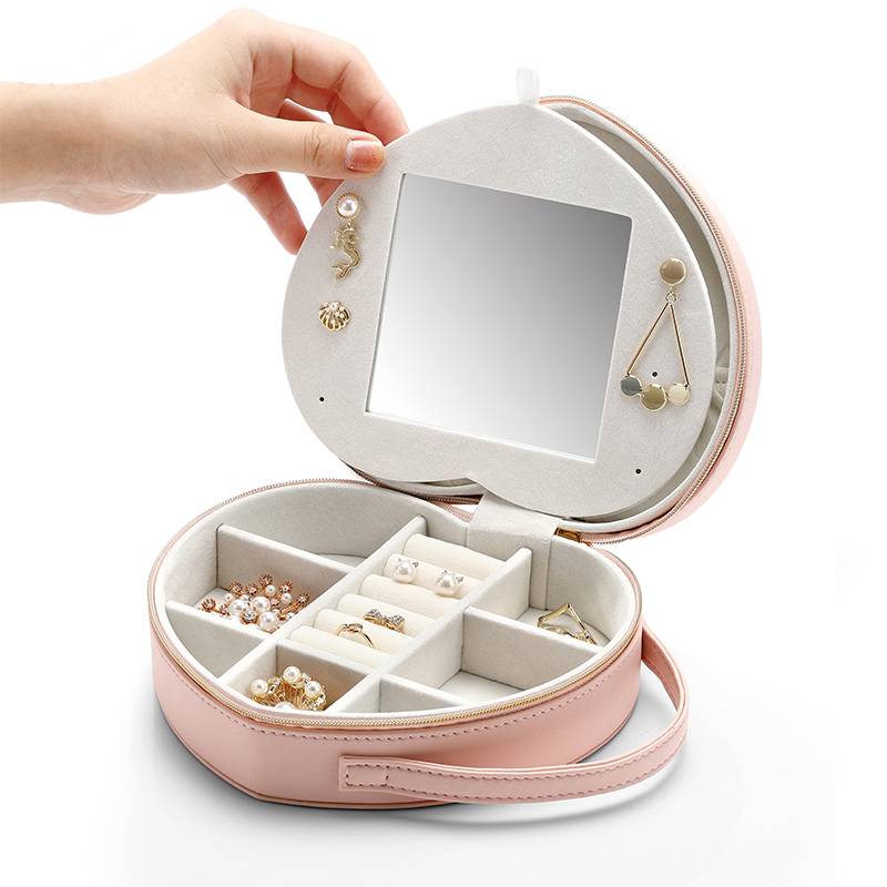 Women Heart Shaped Pink Pu Leather Portable Travel Jewelry Box Organizer Storage