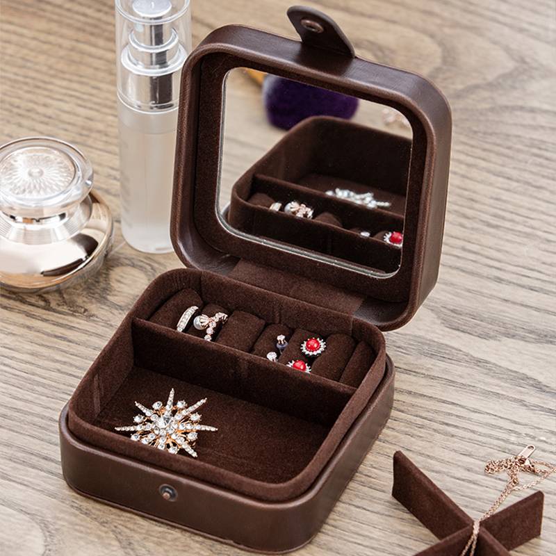 custom travel portable lady brown pu leather jewelry earring necklace box
