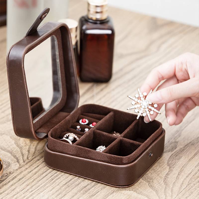 custom travel portable lady brown pu leather jewelry earring necklace box