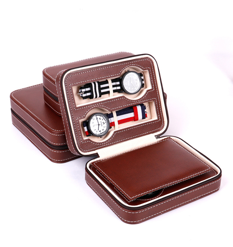 High-end 4 Slots Zipper Pu Leather Protable Watch Strap Bands Storage box